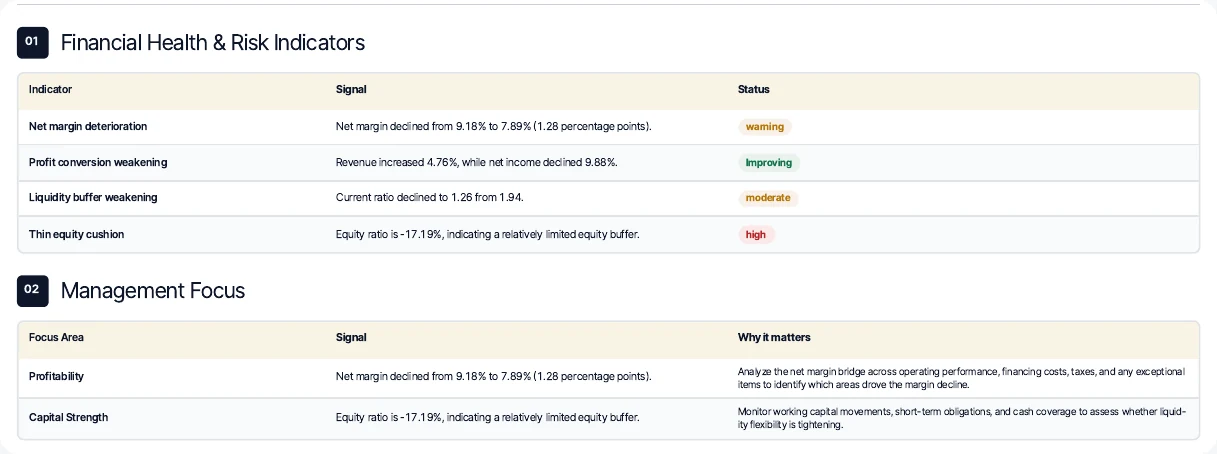 Financial health and risk indicators with severity labels and a management focus table.